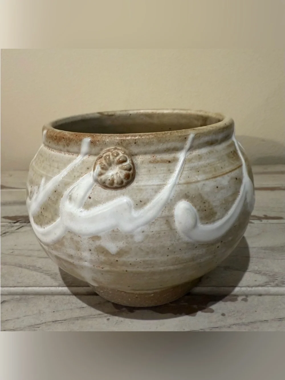 Vintage Studio Art Pottery Planter Handcrafted Tan Cream Ceramic Signed